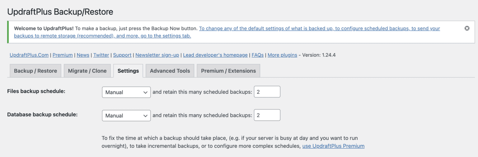 UpdraftPlus backup settings with separate file and database schedules