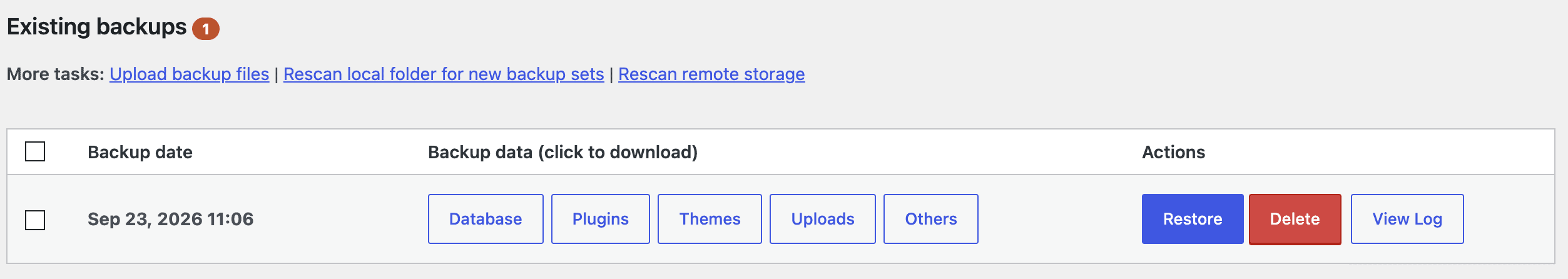 UpdraftPlus list of stored backup sets