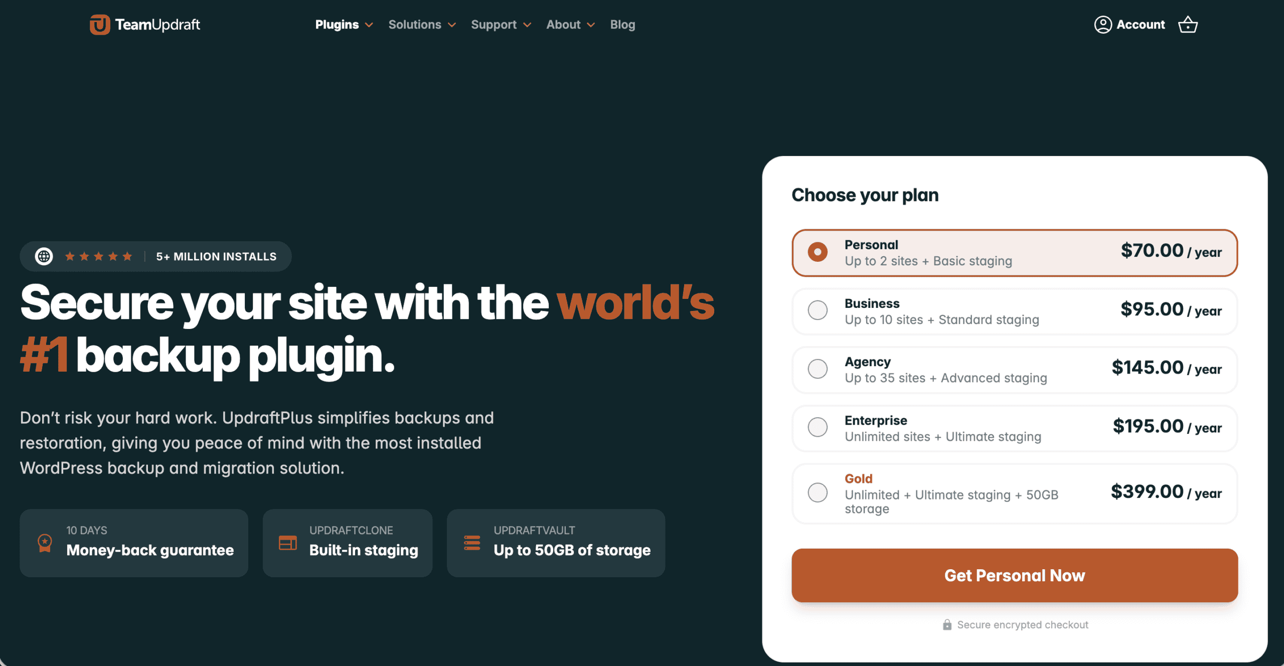 UpdraftPlus website showing the Premium plan options