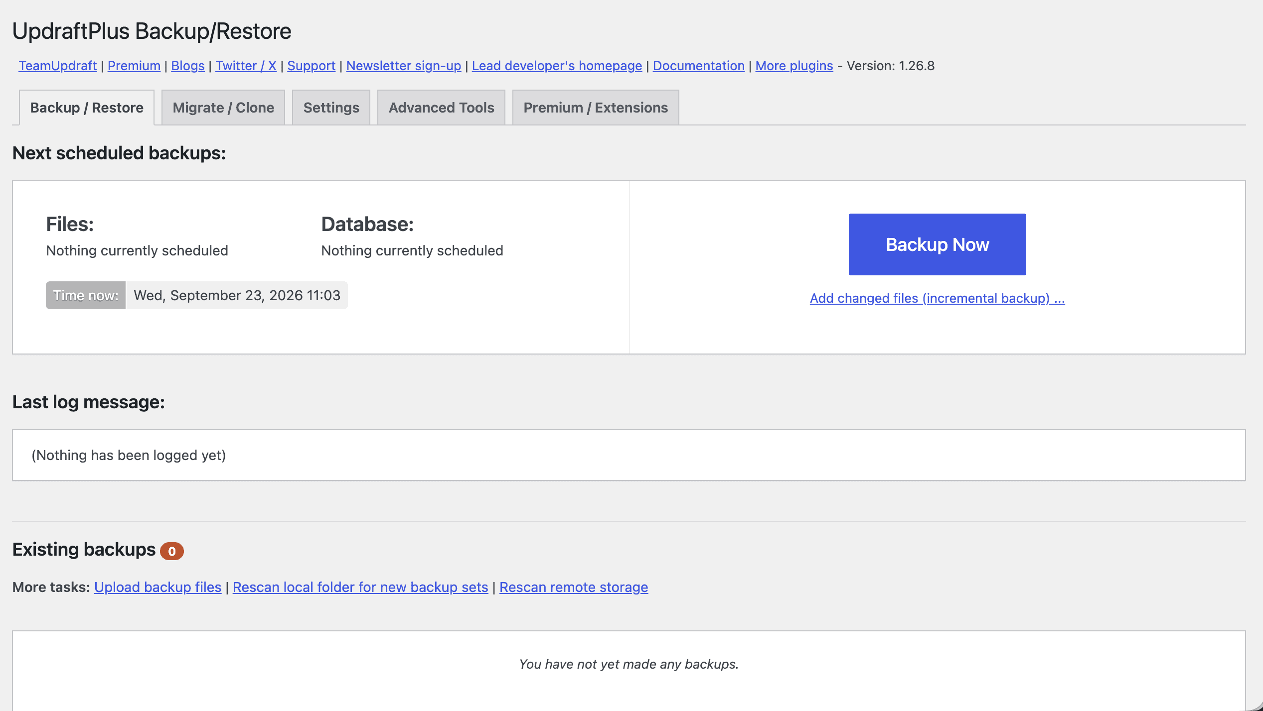 UpdraftPlus dashboard showing the next scheduled backups and backup controls