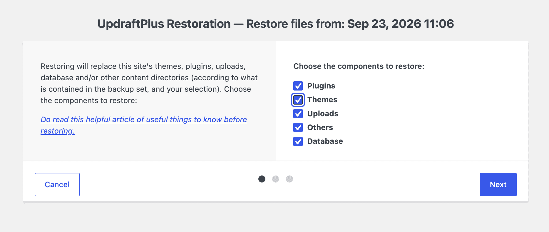 UpdraftPlus restore screen with backup components selected