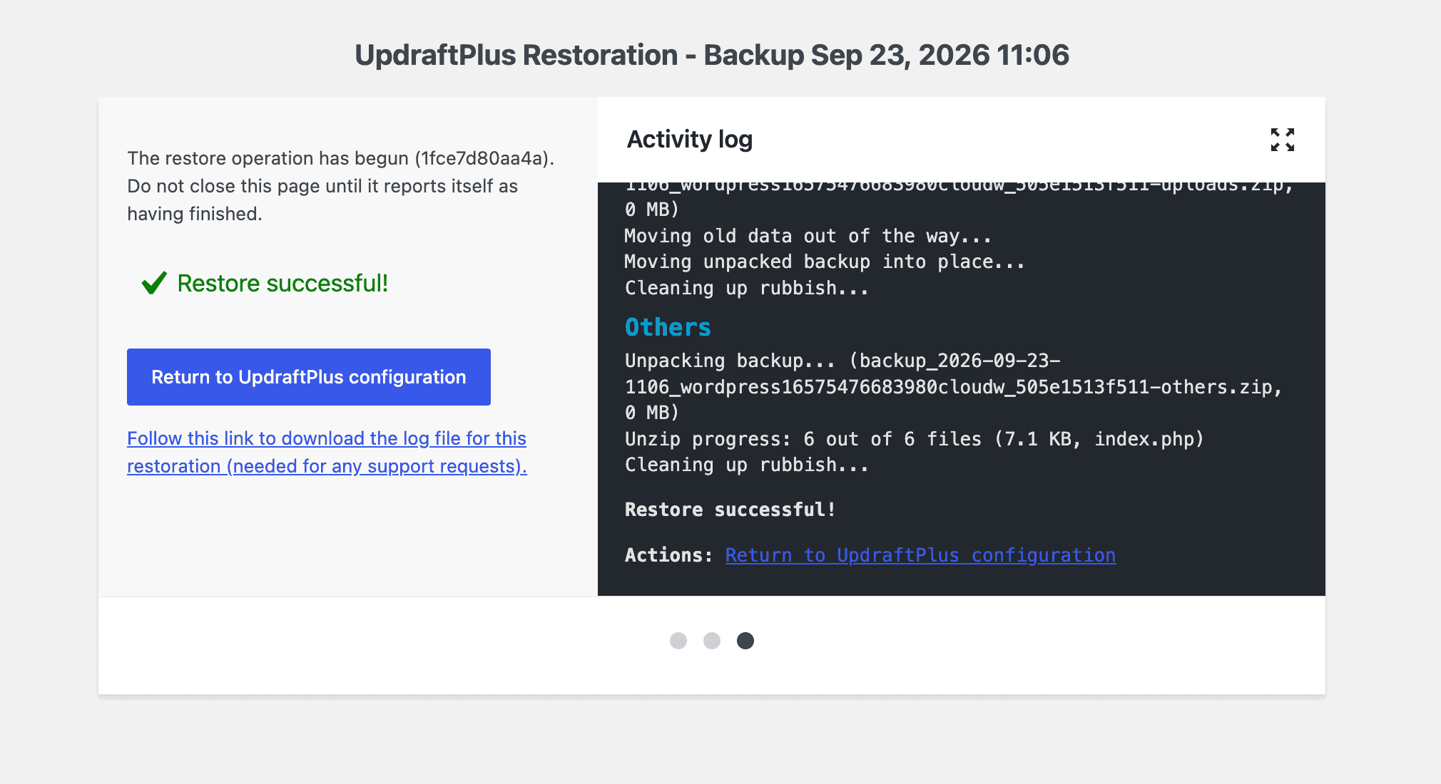 UpdraftPlus confirmation after the successful small site restore
