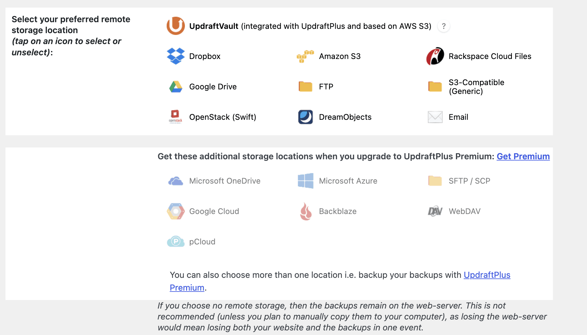 Remote storage destinations available in UpdraftPlus