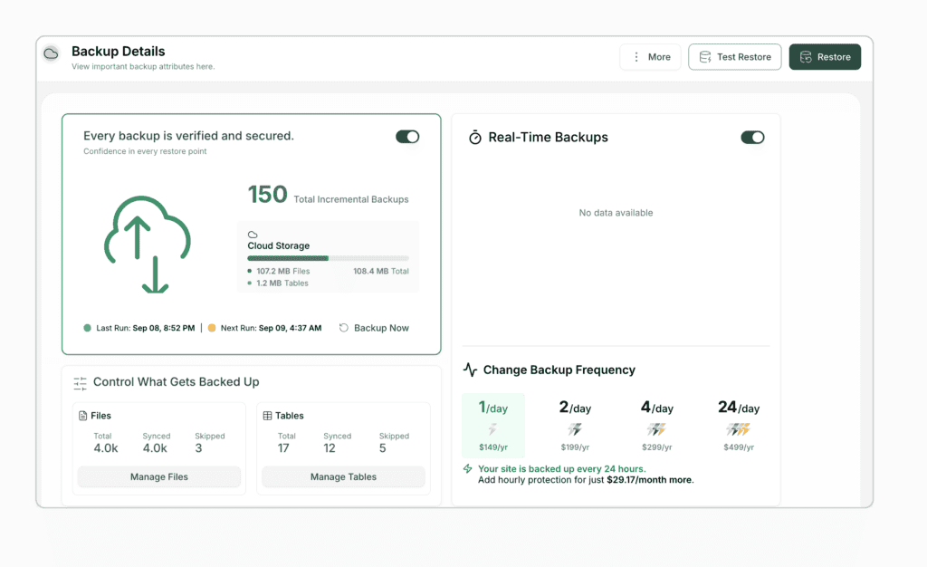 Verified BlogVault backup dashboard with restore controls