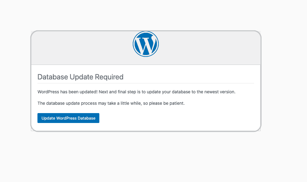 WordPress “Database Update Required” notice with the update action