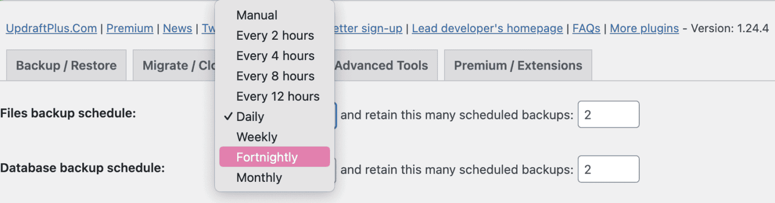 UpdraftPlus backup schedule frequency options